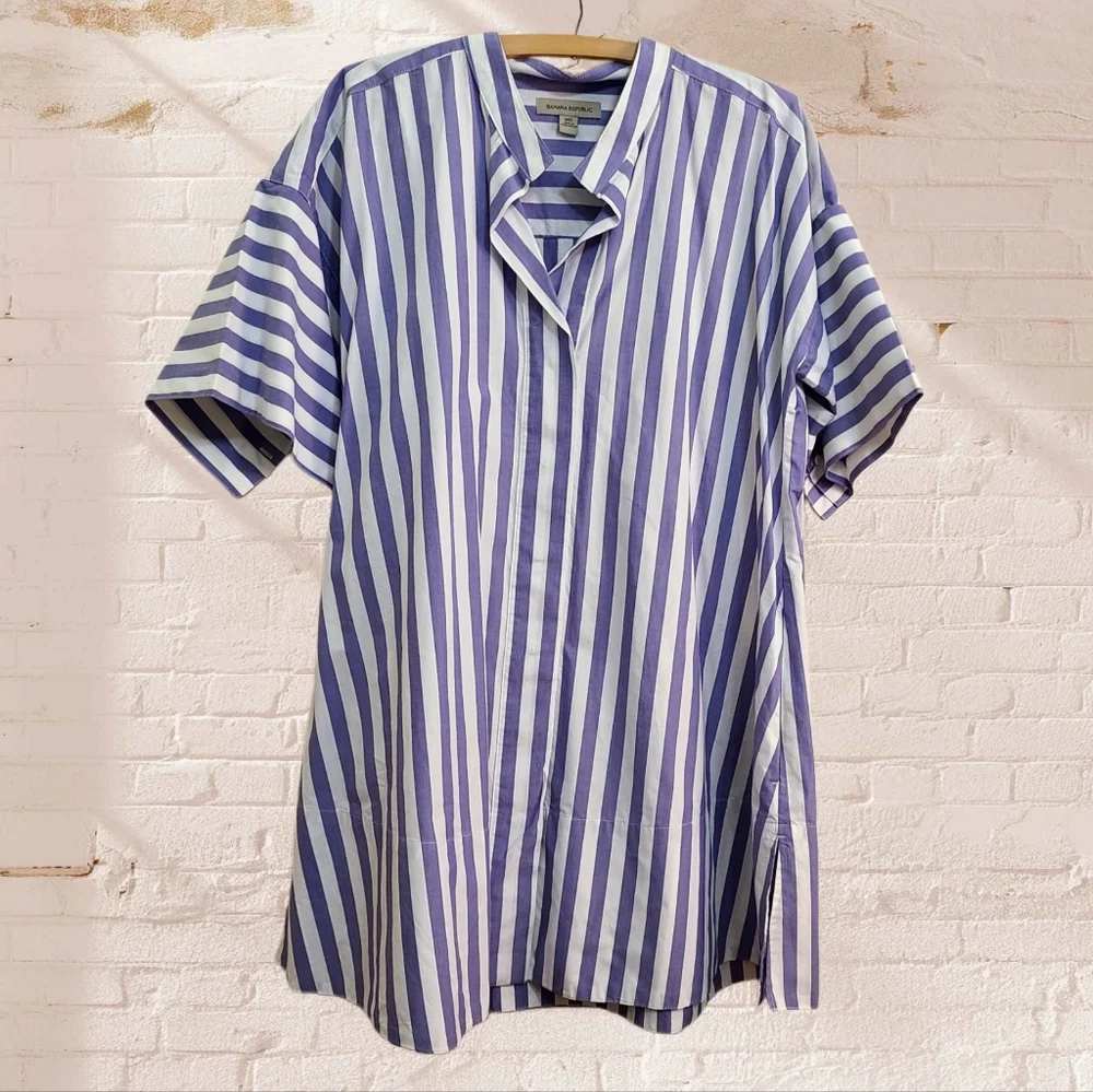 Banana Republic Rhyah Poplin Mini Dress In Bold Blue Stripe Size M/L - Picture 4 of 6